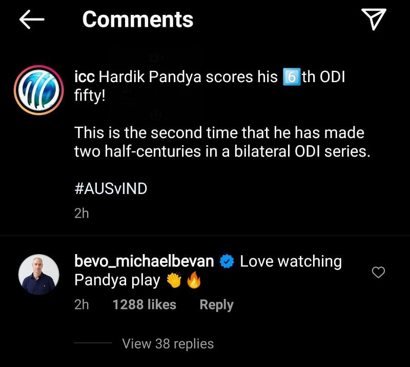 Michael Bevan's comment on ICC's Instagram post